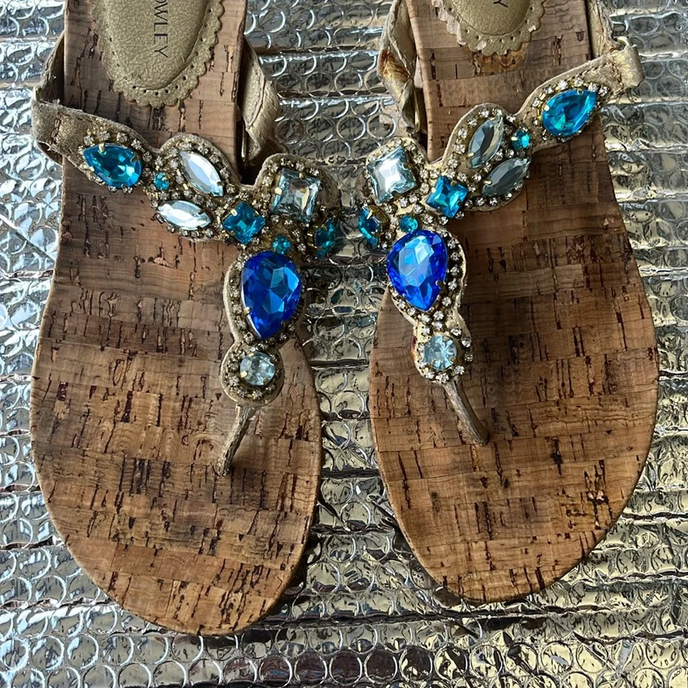 Cynthia Rowley Tan and Blue Sandals with Embellishments - Picture 2 of 14